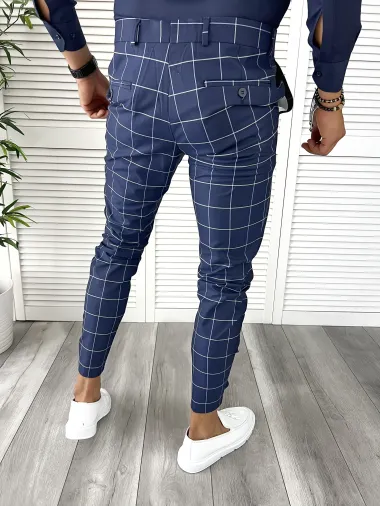 Pantaloni barbati casual regular fit bleumarin in carouri B7880 F1-2.2